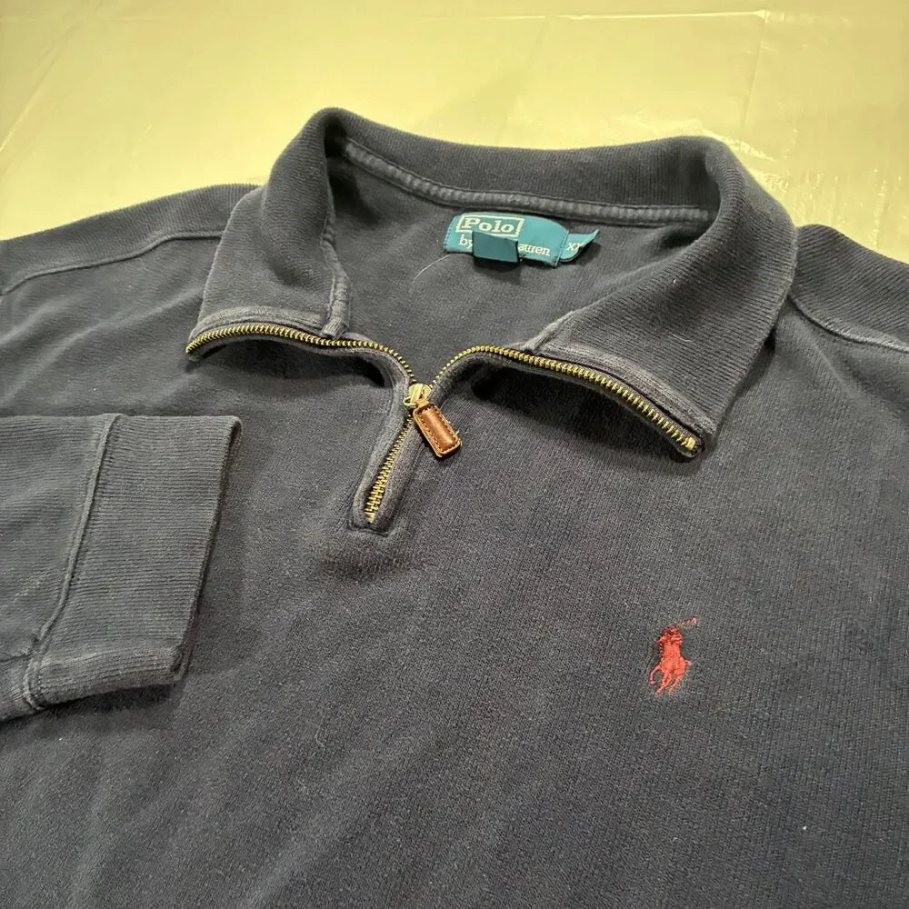 Vintage Polo Ralph Lauren Quarter Zip Sweater Navy Blue Red Pony Logo Men’s XXL
